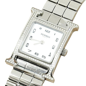 HERMES H Watch PM 25mm Diamond Bezel HH1.235 SS Stainless Steel Small Quartz Silver Ladies