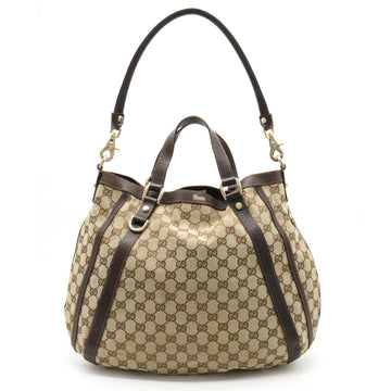 GUCCI GG Canvas Tote Bag Handbag Shoulder Leather Beige Dark Brown 130734