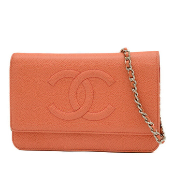 CHANEL Coco Mark Chain Wallet Long Caviar Skin Coral Pink 8654