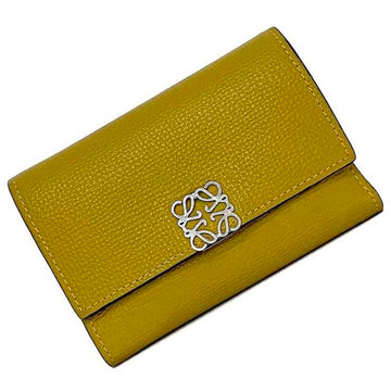 LOEWE Tri-fold Wallet Small Vertical Yellow Khaki Anagram Leather Compact Grained Women's