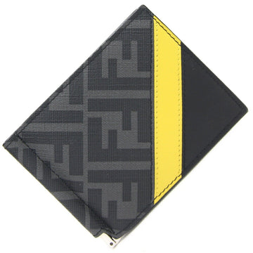 FENDI Bi-fold Money Clip 7M0281 Black Grey Yellow Leather Bill Holder Compact Wallet Zucca Pattern FF Men's