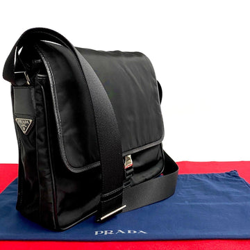 PRADA Triangle metal fittings Nylon Leather Shoulder bag Pochette Sacoche Black 00434