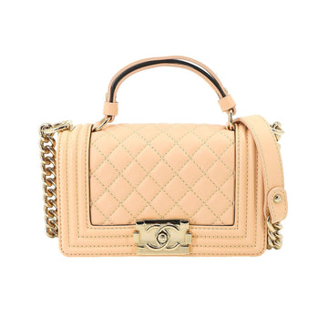 CHANEL Boy  Small 2way Hand Chain Shoulder Bag Leather Beige Gold Hardware