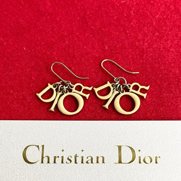 CHRISTIAN DIOR motif metal hook earrings for women, gold and beige, 05331
