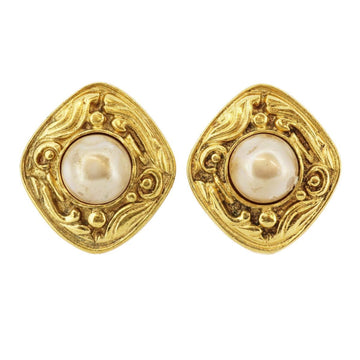 CHANEL earrings square fake pearl GP plated gold ladies