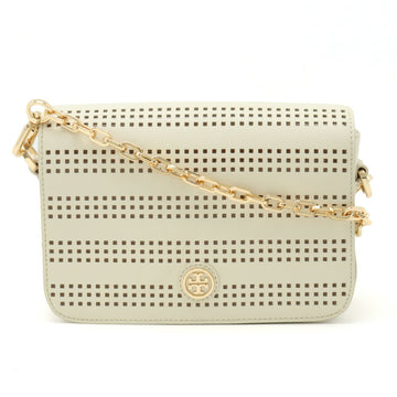 TORY BURCH Chain Shoulder Bag Pochette Clutch Punching Leather Ivory