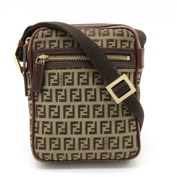 FENDI Zucchino pattern shoulder bag, pochette canvas, leather, khaki, dark brown, brown 8BT098