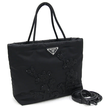 PRADA handbag 1BA257 black nylon leather shoulder bag flower beads embroidery ladies