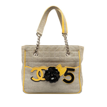 CHANEL No.5 Chocolate Bar Camellia Chain Handbag A31573 Yellow Gray Canvas Enamel Women's