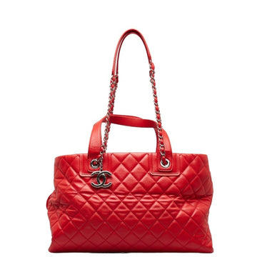CHANEL Coco Mark Matelasse Chain Shoulder Bag Tote Red Silver Leather Women's