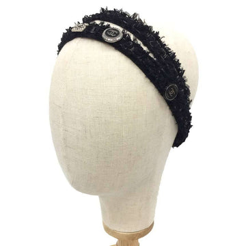 CHANEL Headband Black Coco Mark Button Matelasse Tweed