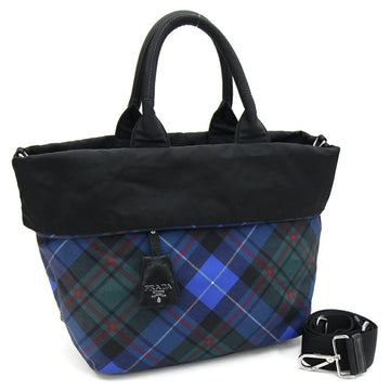 PRADA Handbag BR4521 Black Blue Nylon Leather Reversible Check Pattern Shoulder Bag Women's