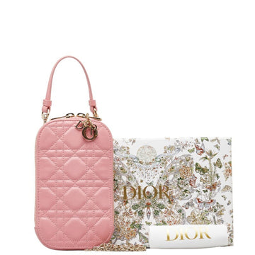 CHRISTIAN DIOR Dior Lady Phone Holder Smartphone Pouch Mobile Case Shoulder Bag Pink Lambskin Women's