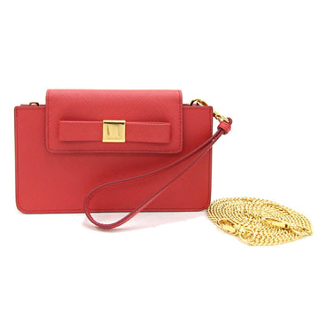 PRADA Smartphone Case 1ZH034 Red Leather Shoulder Bag with Coin Purse Ribbon Chain Ladies