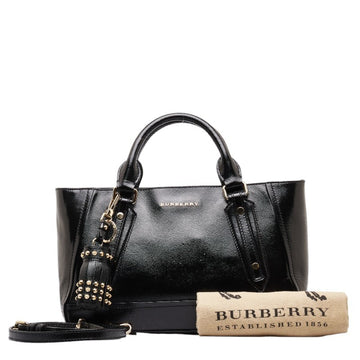 BURBERRY Tassel Handbag Shoulder Bag Black Gold Patent Leather Women's