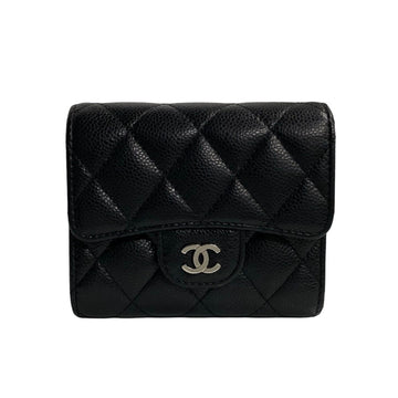 CHANEL Matelasse Caviar Skin Leather Tri-fold Wallet Black 75669