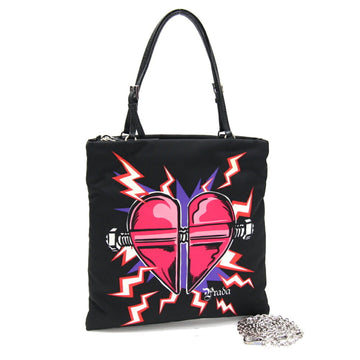 PRADA Handbag 1BA252 Black Nylon Leather No Gusset Shoulder Bag Chain Heart Women's