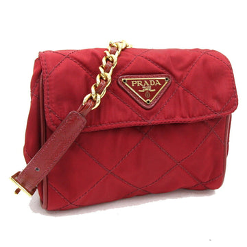 PRADA Shoulder Bag Red Nylon Leather Chain Ladies Quilted
