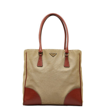 PRADA Triangle Plate Handbag Tote Bag Khaki Brown Canvas Leather Women's