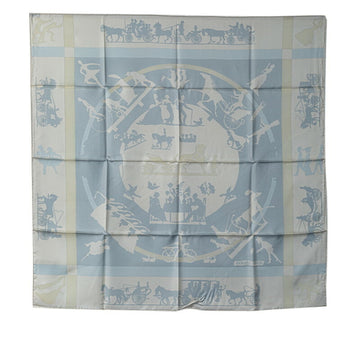 HERMES Carre 90 JEUX DOMBRES Shadow Play Scarf Muffler White Light Blue Silk Women's