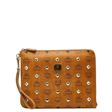 MCM Visetos Glam Studded Clutch Bag Brown PVC Leather Women's