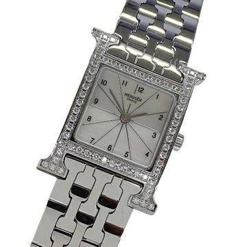 HERMES Ladies' Watch H Diamond Shell Quartz Stainless Steel SS HH1.230 Silver Polished