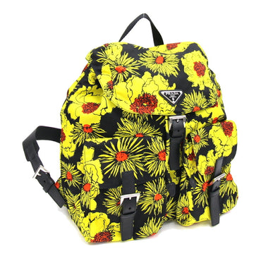 PRADA Backpack 1BZ811 Yellow Black Nylon Leather Flower Women's