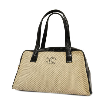 CHANEL handbag patent leather cotton black beige ladies