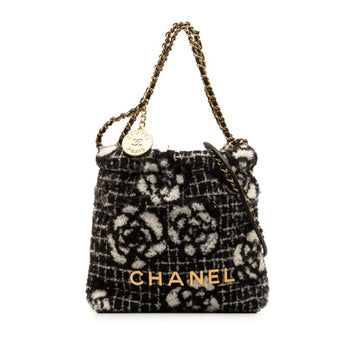 CHANEL Camellia Coco Mark Chain Tote Bag Shoulder Black White Cotton Women's