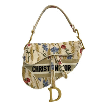 CHRISTIAN DIOR Saddle Bag Embroidered Canvas Leather Handbag Ivory Gold 31719 762k762-31719