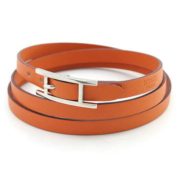 HERMES Bracelet API III Orange Leather I Stamp Manufactured in 2005 3 Bangle H Metal Fittings Layers Rows Women's Men's