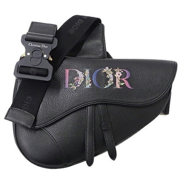 CHRISTIAN DIOR Dior Bag Women's Shoulder Saddle Leather Black Flower Embroidery Compact