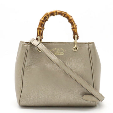 GUCCI Bamboo Shopper Handbag Tote Shoulder Bag Leather Metallic Champagne 368823