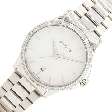 GUCCI Men's Watch G Timeless Diamond Bezel 126.4 White Shell Dial Bar Index Stainless Steel Quartz Wristwatch Mother of Pearl