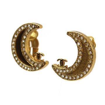 CHANEL Crescent Moon Motif Coco Mark Earrings 01P Gold Color