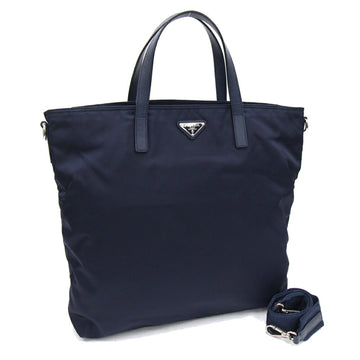 PRADA Tote Bag Navy Nylon Leather Handbag Women's