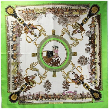 HERMES Carre 90 Silk Scarf Muffler GRANDS ATTELAGES Light Green x White Ladies Carriage Horse Tackle