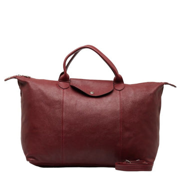 LONGCHAMP Pliage Cuir Handbag Shoulder Bag Red Bordeaux Leather Women's