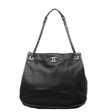 CHANEL Coco Mark Punching Chain Shoulder Bag Tote Black Leather Women's