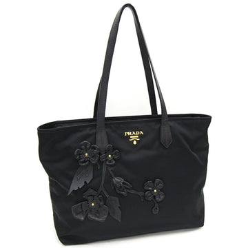 PRADA tote bag 1BG052 black nylon leather shoulder flower motif ladies