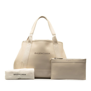 BALENCIAGA Navy Cabas S Handbag Tote Bag 339933 White Leather Women's