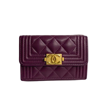 CHANEL Boy  Matelasse Lambskin Leather Tri-fold Wallet Purple 16545