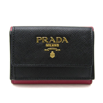 PRADA Saffiano 1MH021 Women's Leather Wallet [tri-fold] Black,Pink