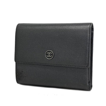 CHANEL Tri-fold Wallet Coco Button Leather Black Women's
