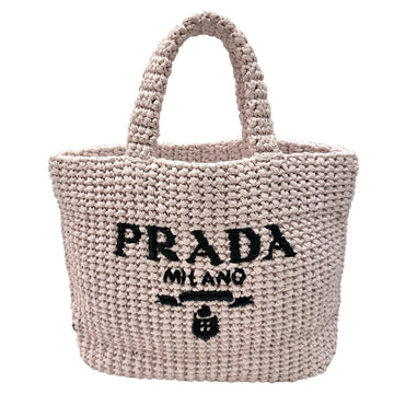 PRADA Small Crochet Tote Bag 1BG422 Pink Raffia Triangle Plate Ladies