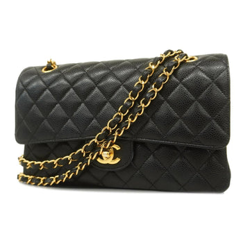 CHANEL Shoulder Bag Matelasse W Flap Chain Caviar Skin Black Ladies