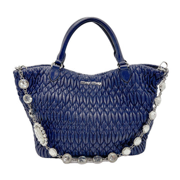 MIU MIU Miu Handbag Shoulder Bag Matelasse Beads Leather Navy Blue Silver Women's z0705