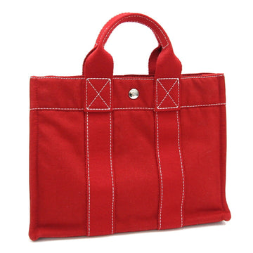 HERMES Handbag Deauville PM Red Cotton Canvas Tote Stitch Women's