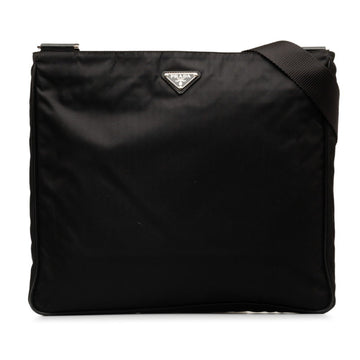 PRADA Triangle Plate Shoulder Bag Black Nylon Leather Women's
