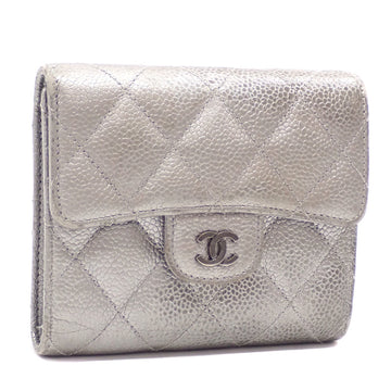 CHANEL Tri-fold Wallet Matelasse Women's Metallic Silver Caviar Skin AP0231 Leather Coco Mark A211749